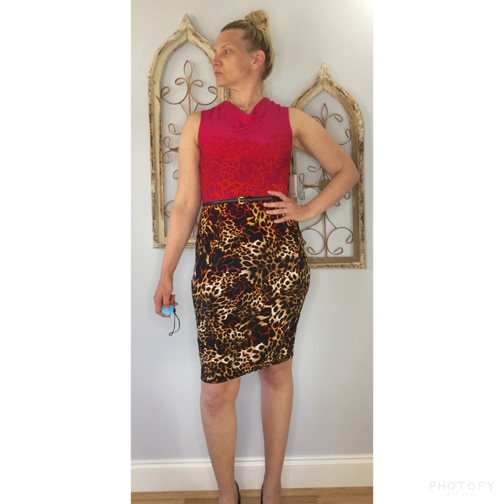 Calvin Klein hot pink leopard drape neck dress - Picture 2 of 8